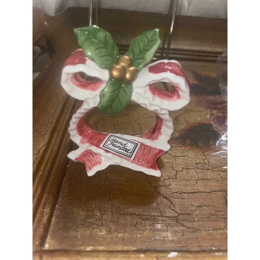 Fitz and Floyd Christmas Quilt Napkin Rings Set of 4 Vintage 1992 Holly Bows